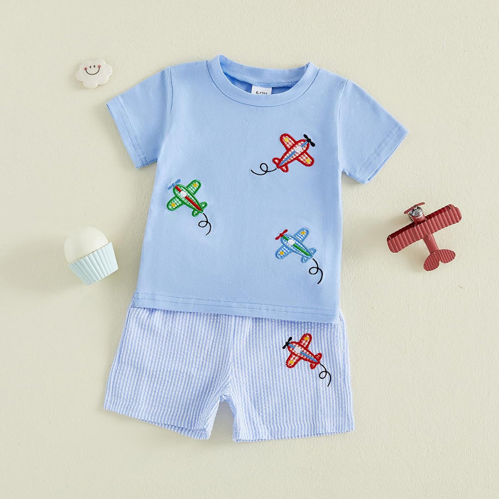Toddler Boy Summer Outfits Baby Boy Airplane Short Sleeves T-Shirt Plaid Shorts Set Infant Boy Clothes Set