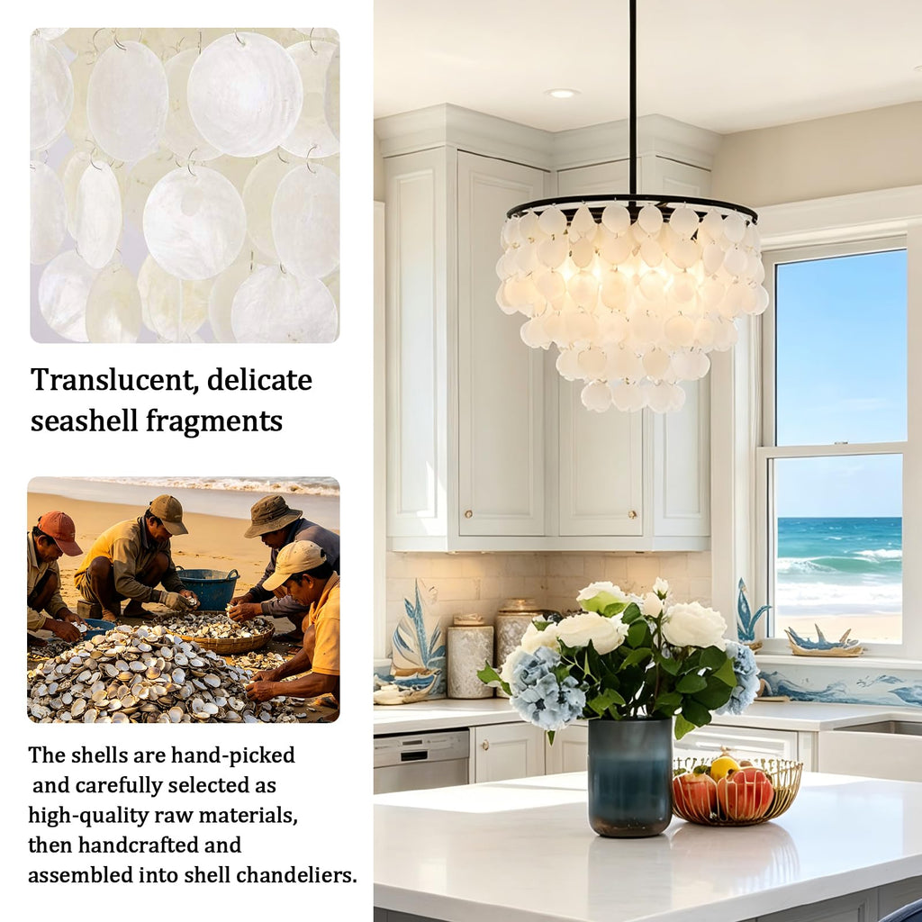 4-Lights Capiz Shell Chandelier - 17.7" Coastal Chandelier For Dinning Room, Beach House Modern Black Light Fixture