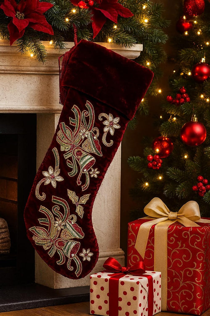 Christmas Stocking 21" x 7", Red Velvet Christmas Stocking with Gold Beaded Embroidery, Luxury Holiday Stocking with