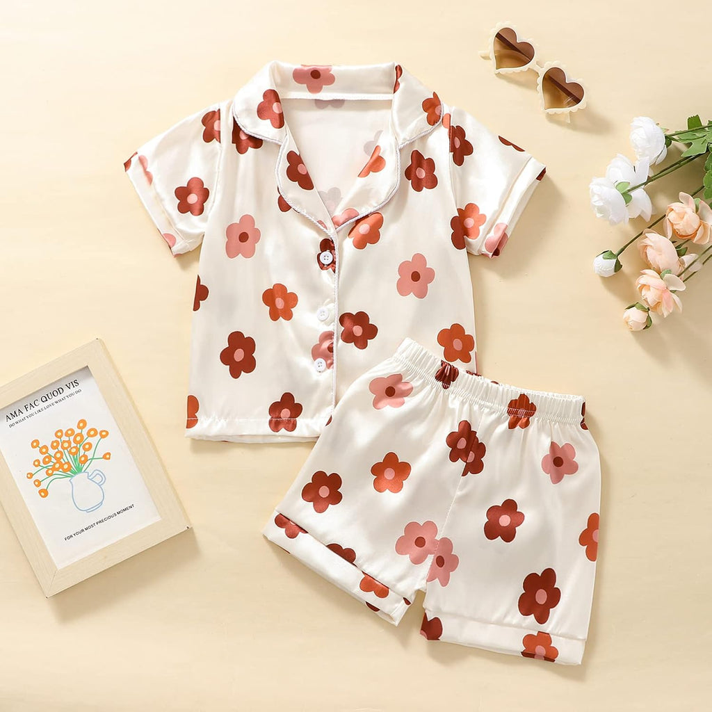 Toddler Girls Floral Silk Pajamas Short Sleeve Button-Up Top Shorts Summer 2PC Flowers Satin Pajamas Set