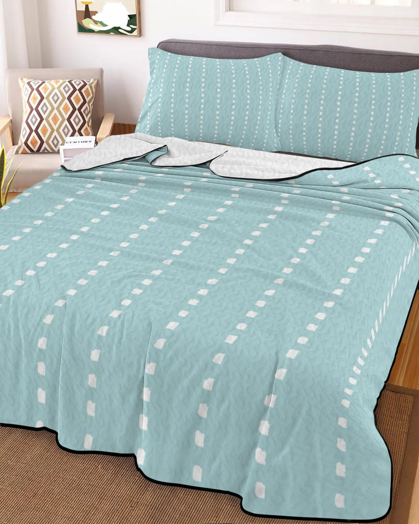 Ticking Quilt Set 3 Pieces Quilted Bedspread- Soft, Light Airy Mint Blue Lightweight Quilt with 2 Pillow
