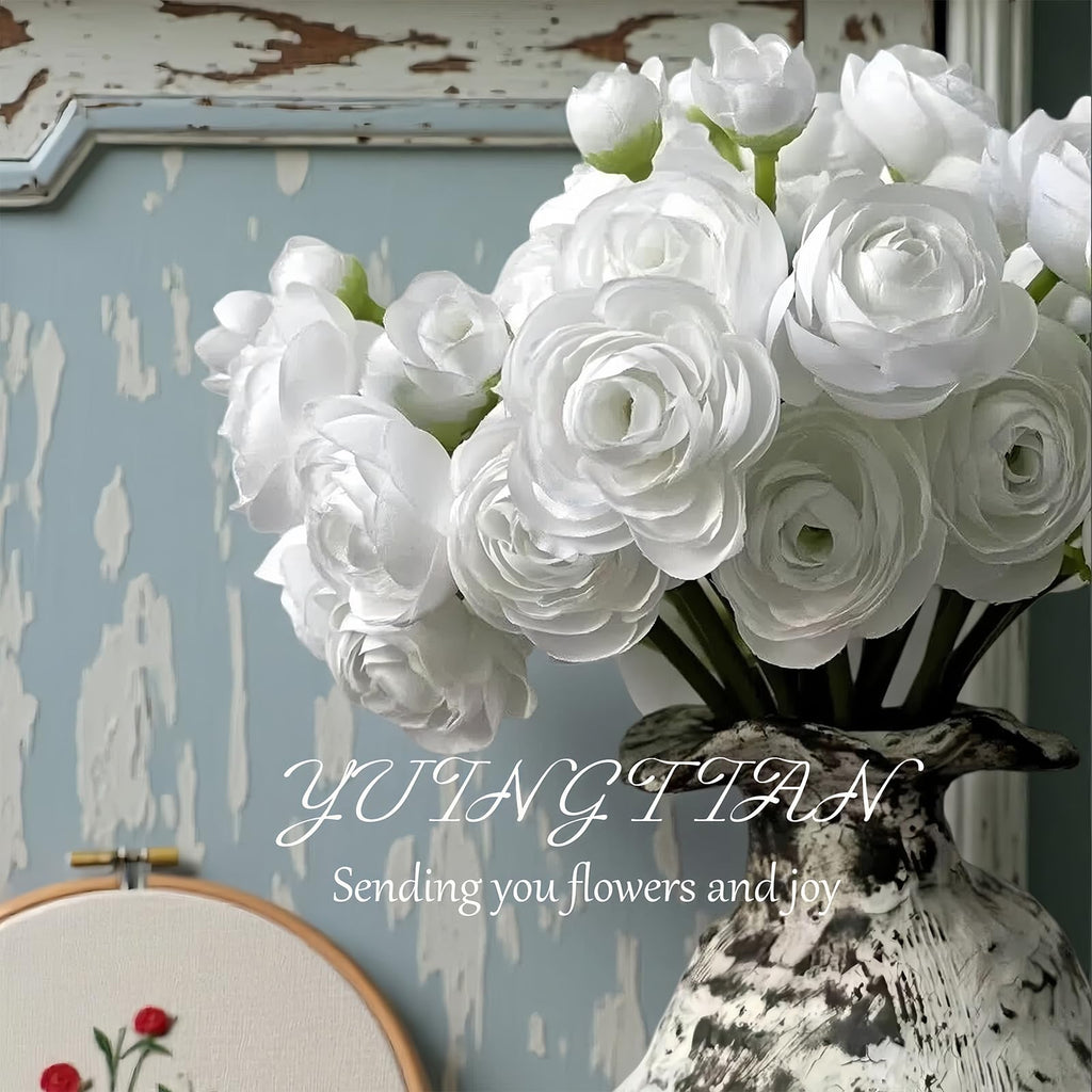 18 Pcs Ranunculus Artificial Flowers Faux Silk Stems White
