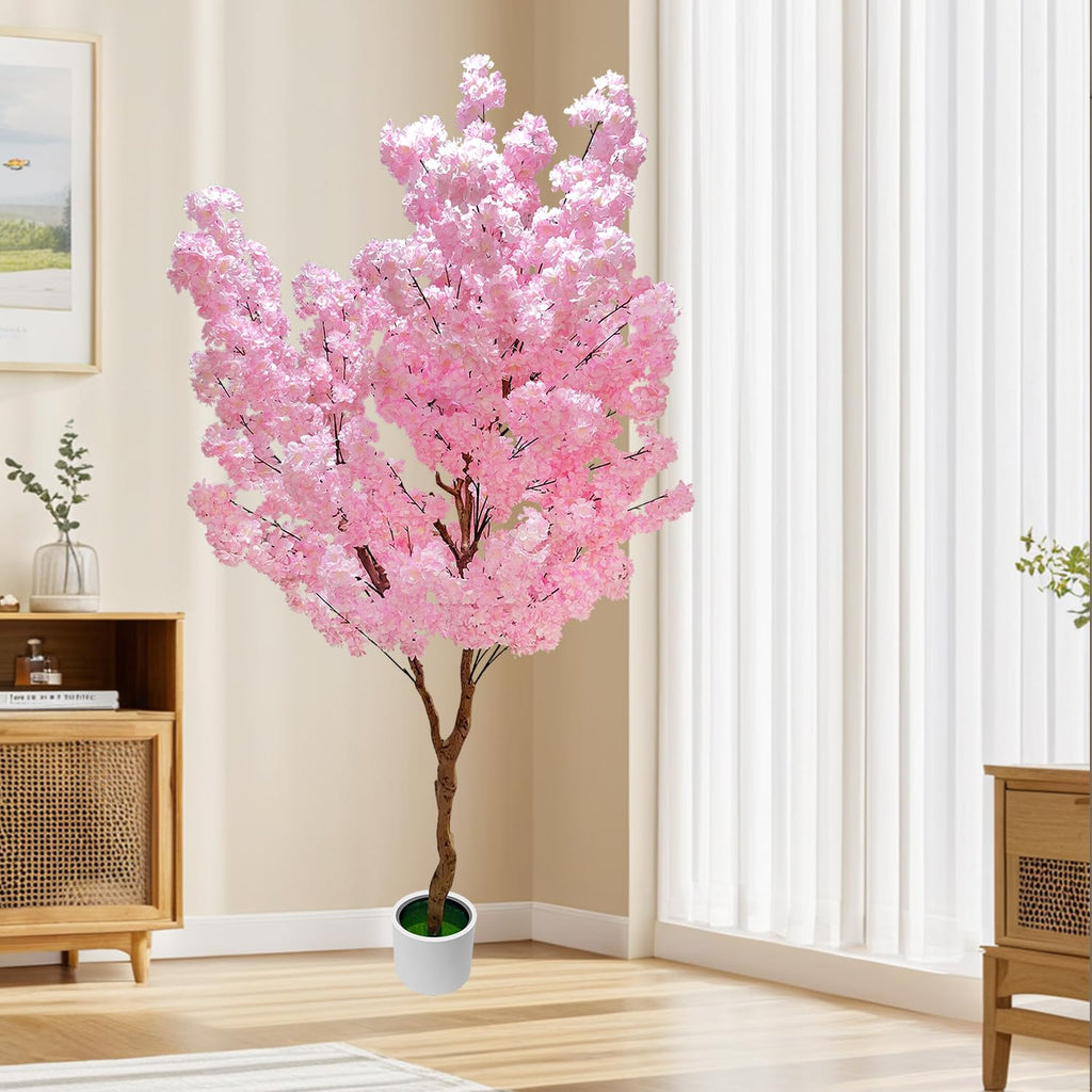 Cherry Blossom Tree 7ft, Pink Artificial Cherry Tree Fake Pink Tree for Wedding Party Home Living Room Decor