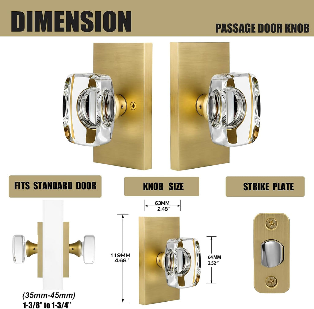 Crystal Glass Gold Satin Brass Passage Door Knobs Interior