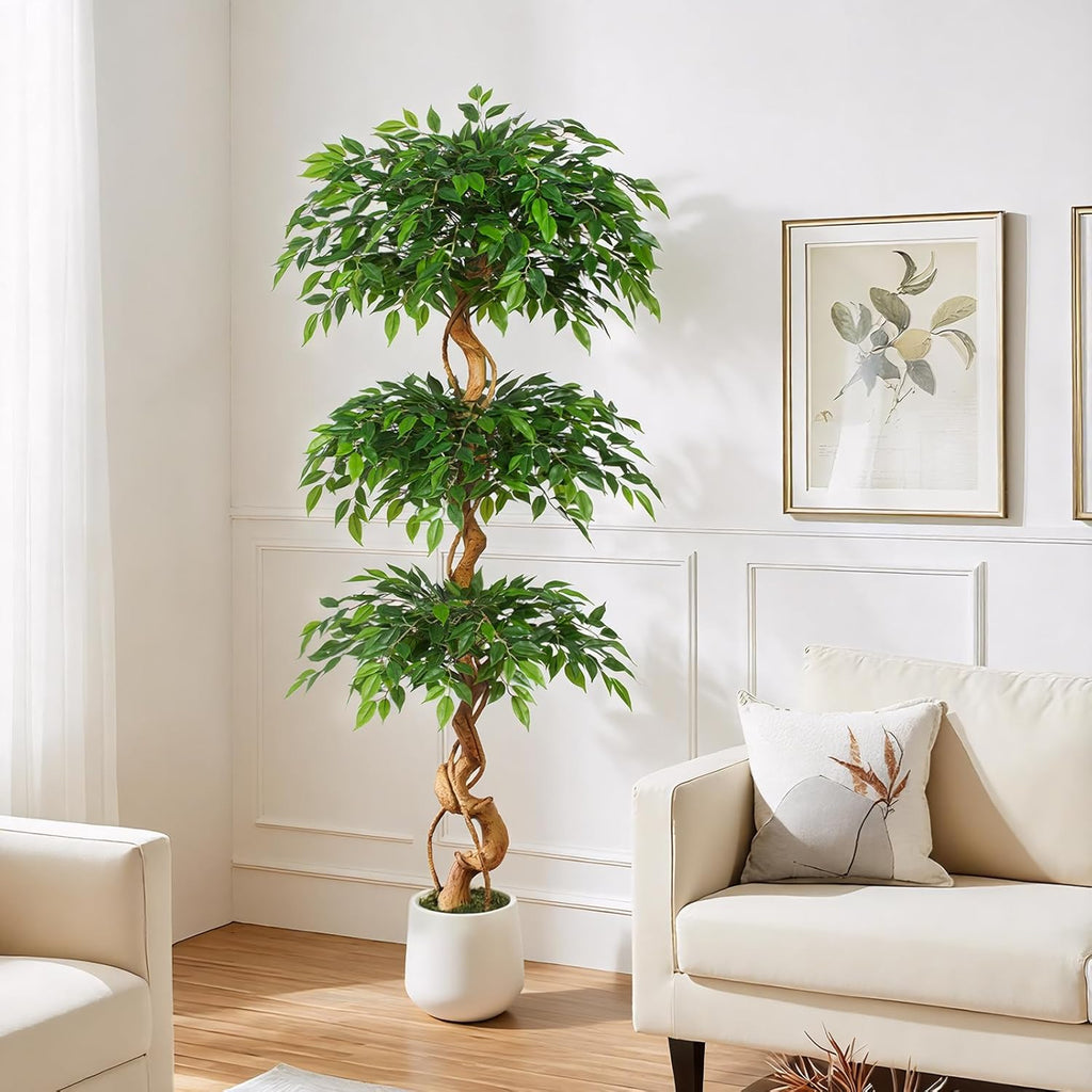 6ft Large Ficus Artificial Trees in White Pot, 72" Tall Fake Silk Tree with Natural Curved Trunk, Lush Faux Ficus