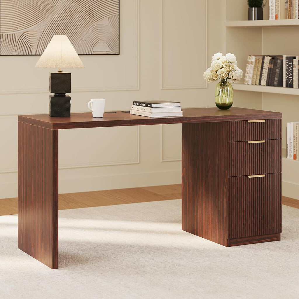 58" Modern Executive Desk with Storage, Home Office Desk with Drawer & Cabinet, Wooden Fluted Desk for Study