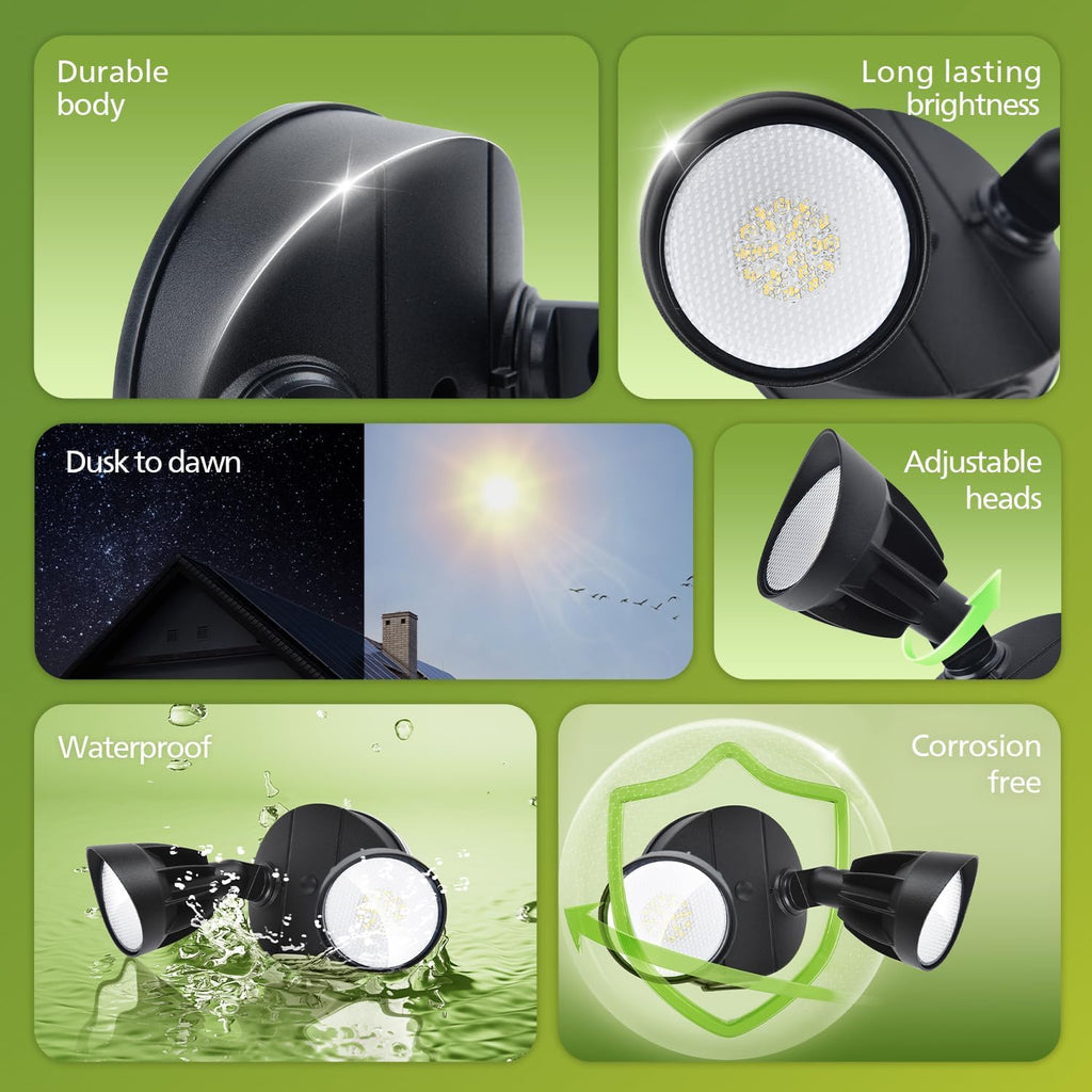 Dusk to Dawn 44W 3500LM LED Security Flood Lights Outdoor, 5000K Daylight, Wet Location, Dual Adjustable Heads