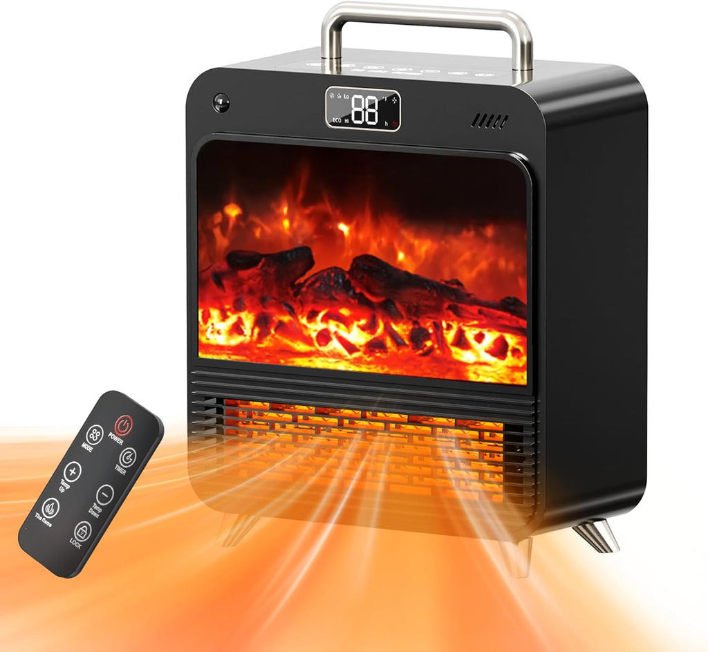 1500W Portable Electric Fireplace Space Heater with Realistic 3D Flame, Touch & Remote Control, 3 Heating Modes