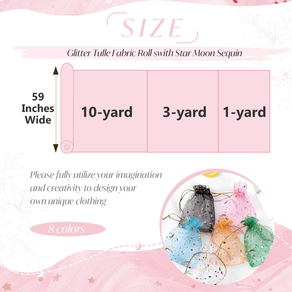 Light Pink Glitter Tulle Fabric Rolls, 3 Yard, Star & Moon Sequin