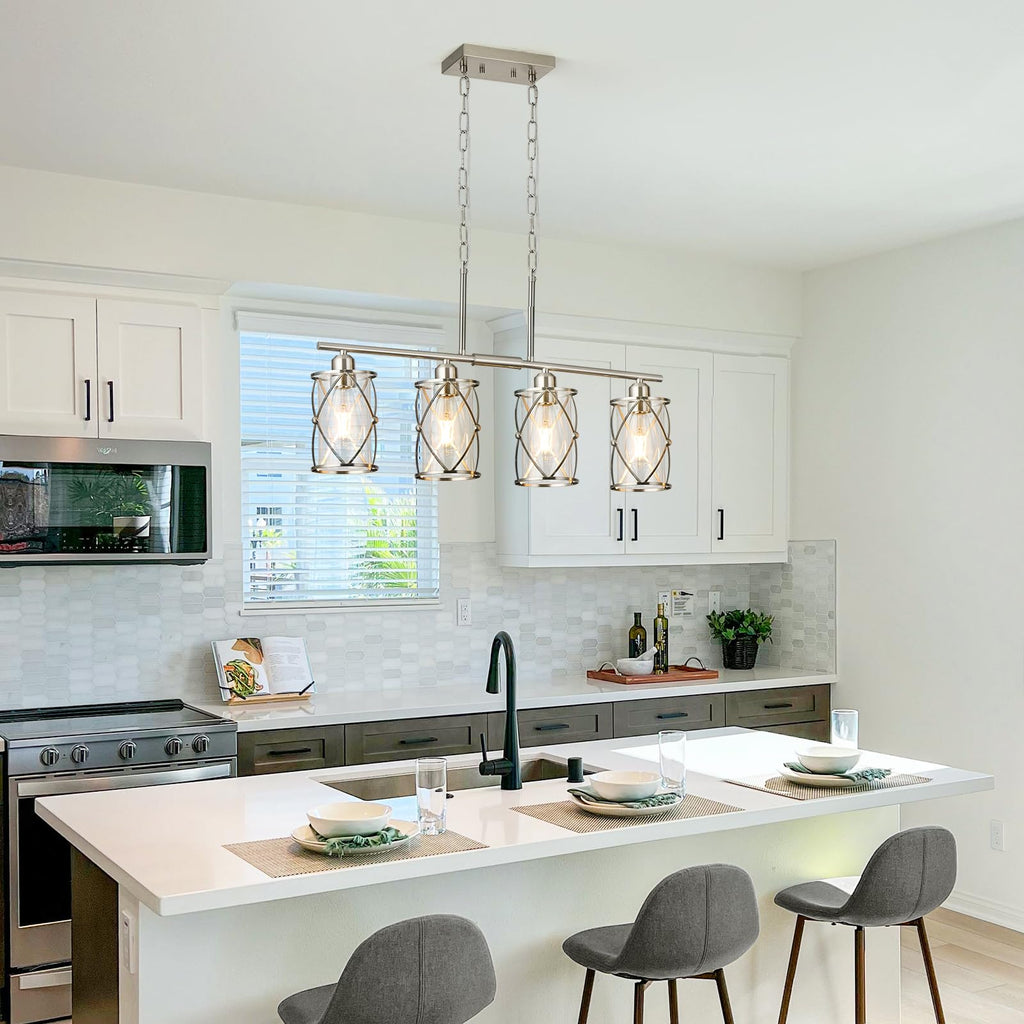 Kitchen Island Lighting, Modern Brushed Nickel Dining Room Light Fixtures with Clear Glass, Farmhouse