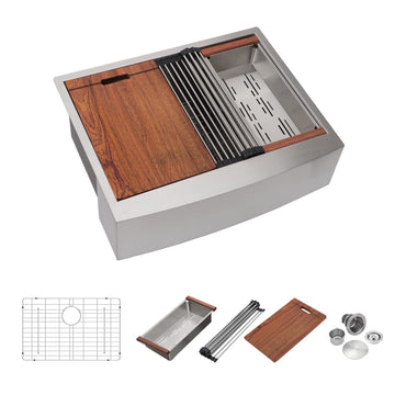 27 Farmhouse - 27 x 22 Stainless Steel Farm Sink Apron Front Ledge Workstation 16 Gauge Curved Apron Single Bowl Deep