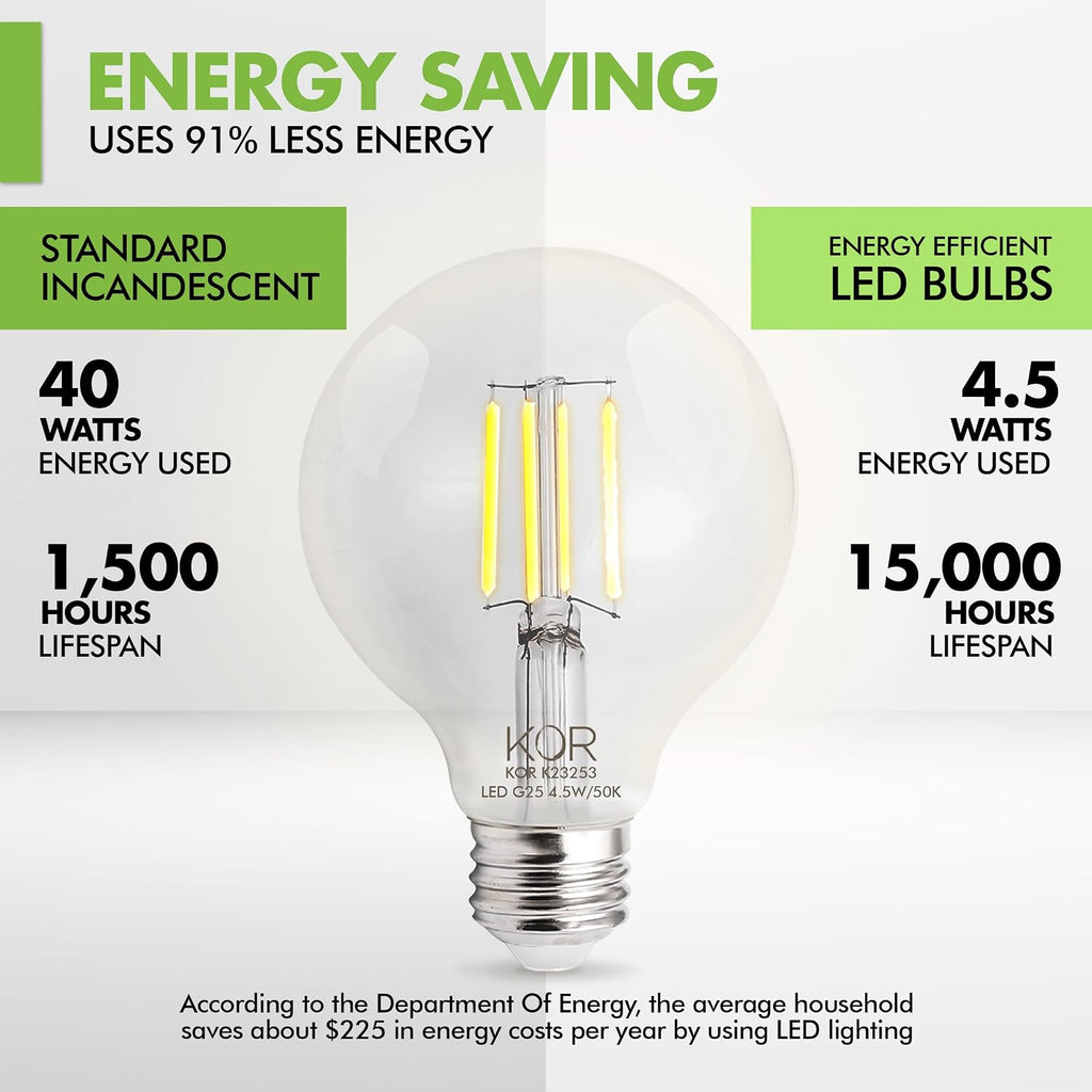 G25 LED Globe Light Bulbs, 40W Equivalent, 5000K, Dimmable, 4-Pack