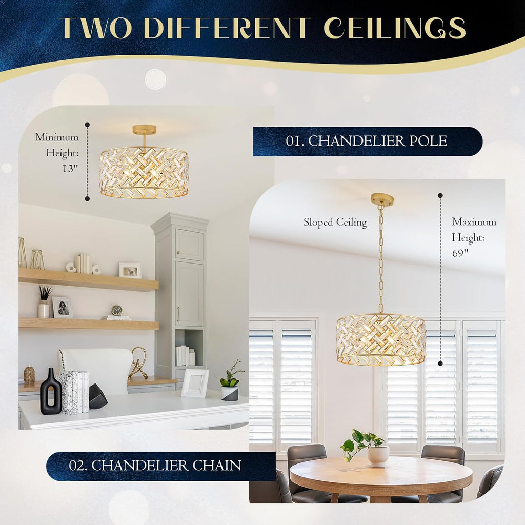 Gold Crystal Chandelier, 18" Modern Drum Ceiling Light Fixture, Luxury 6-Light K9 Crystal Pendant Lighting