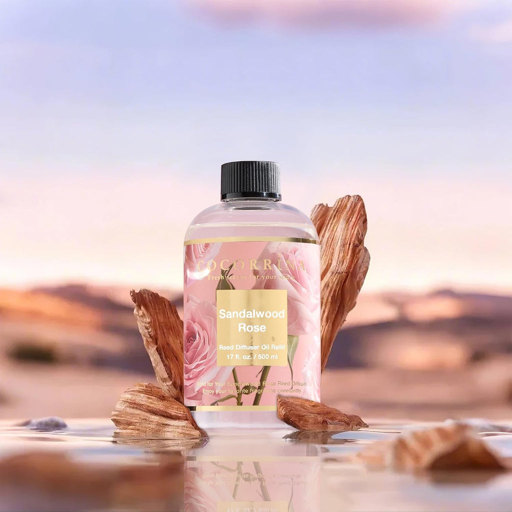 Reed Diffuser Refill Sandalwood Rose 17oz (500ml) with 8 Sticks - Premium Long-Lasting Floral Essential Oil, Home - Set of 17