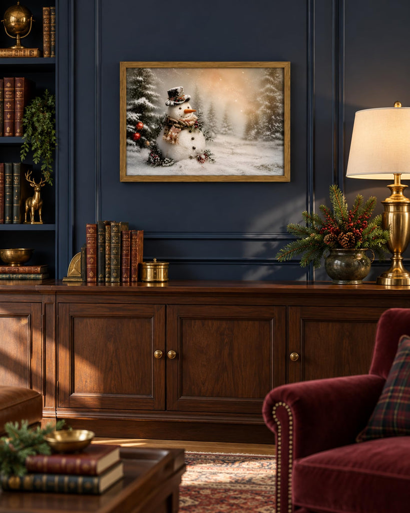 Vintage Christmas Wall Art 16x24 inch, Wood Framed Cute Snowman Canvas Wall Decor Painting, Rustic Winter Scene