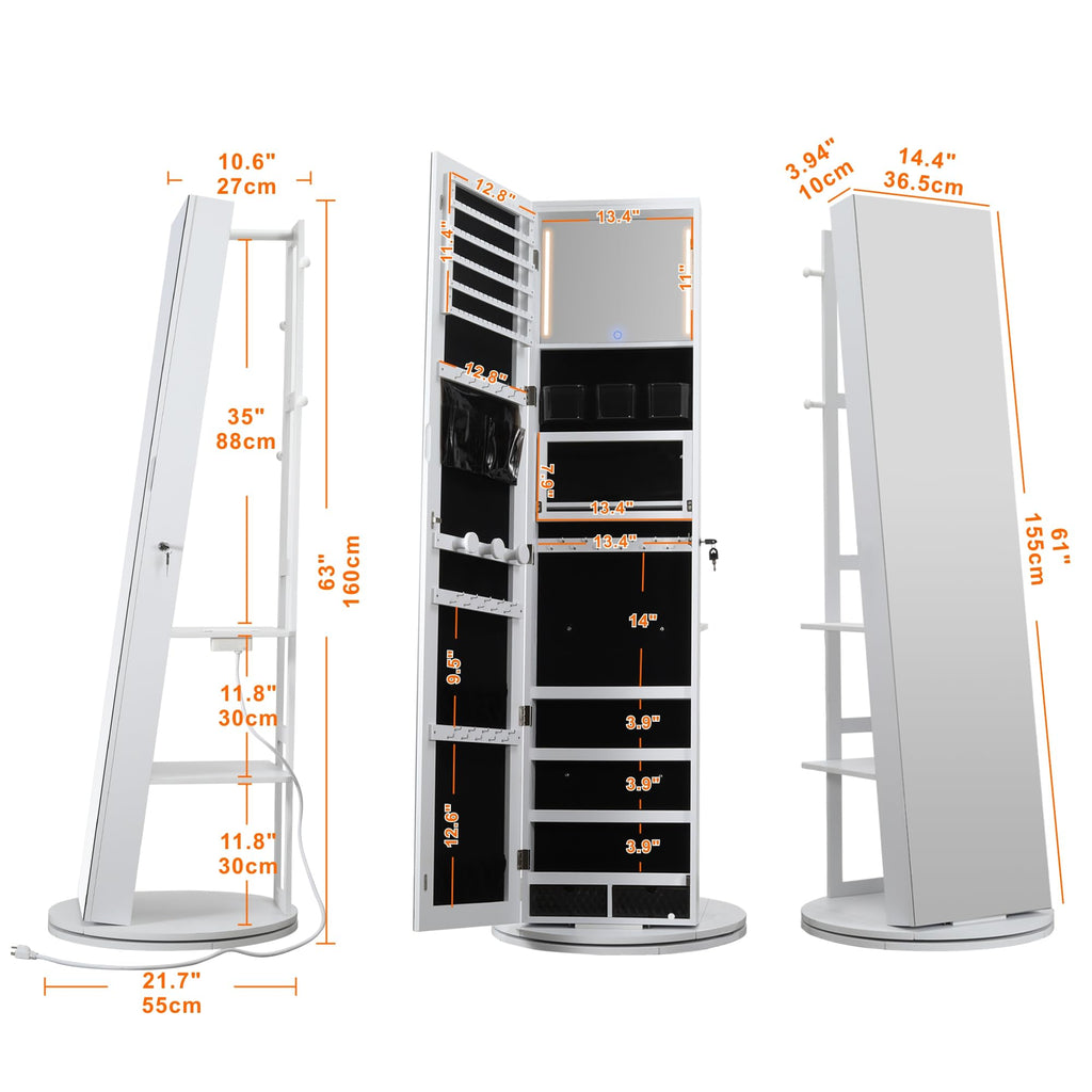 360° Swivel Jewelry Cabinet with Full-Length Mirror, Power Outlet