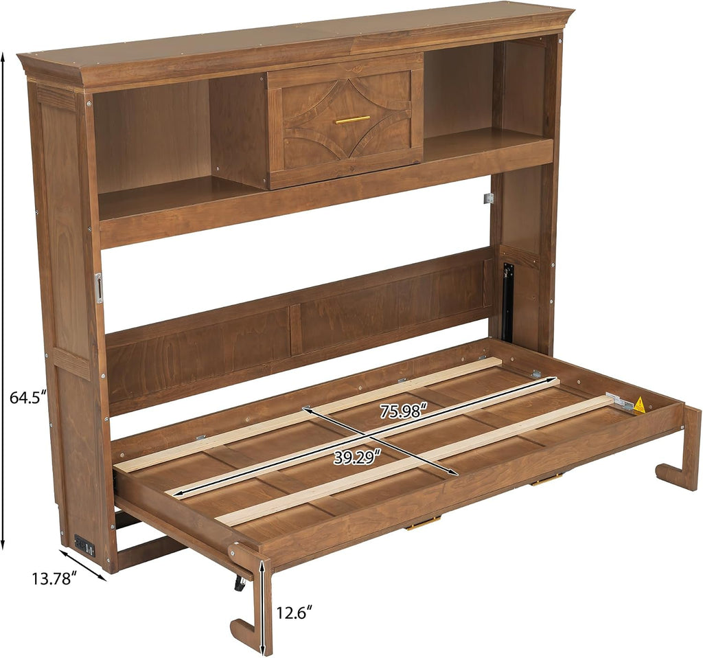 Farmhouse Wood Murphy Bed with Charging Station, Modern Wall Bed with Top Cabinet & Drawer, No Box Spring