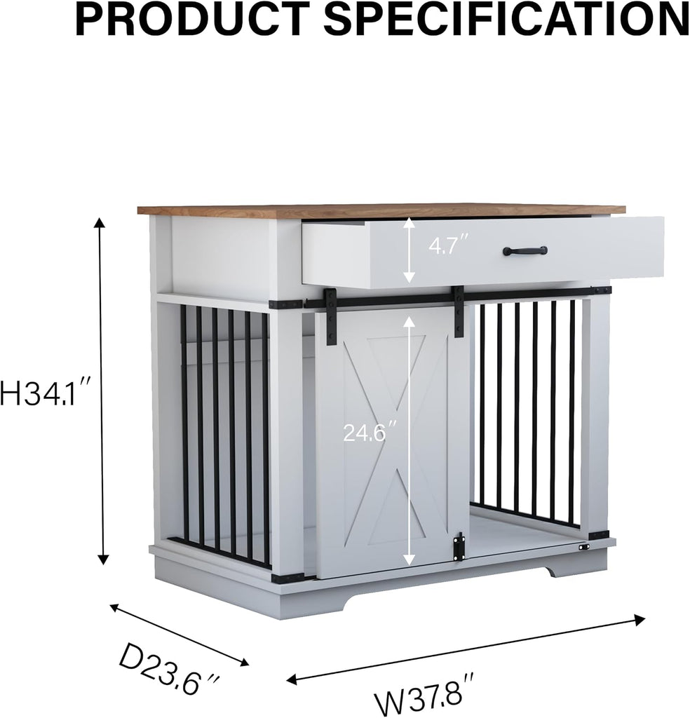 37.8'' Dog Crate Furniture with Storage Drawer, Decorative Wooden Dog Kennel with Sliding Barn Door, Indoor Water