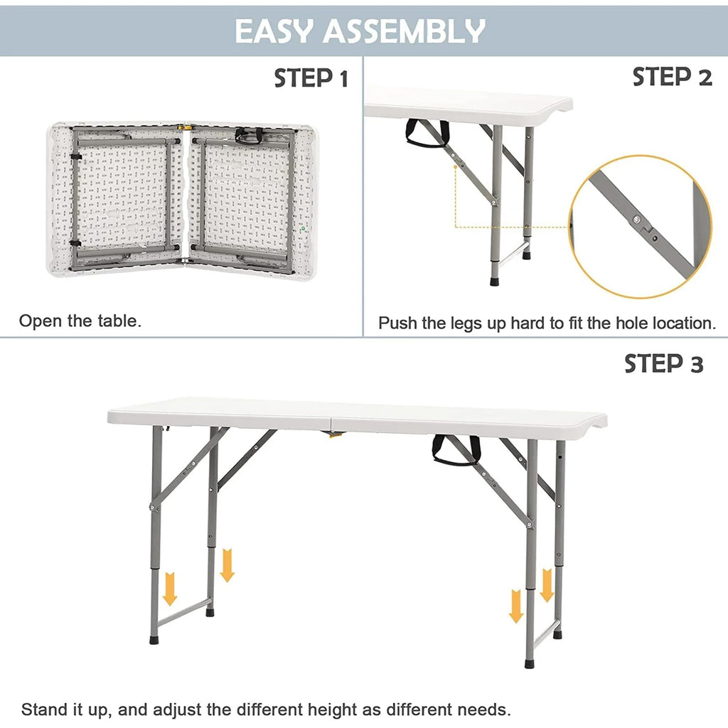 4FT Folding Table, 18% Thicker HDPE Top, Adjustable Height, White