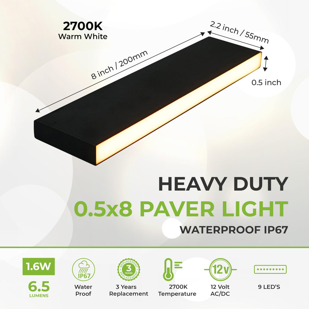 Paver Light Slim 0.5x8 Inch (0.55x7.87), 2700K Warm White, Glare-Free Linear Lighting for Driveways, Walkways