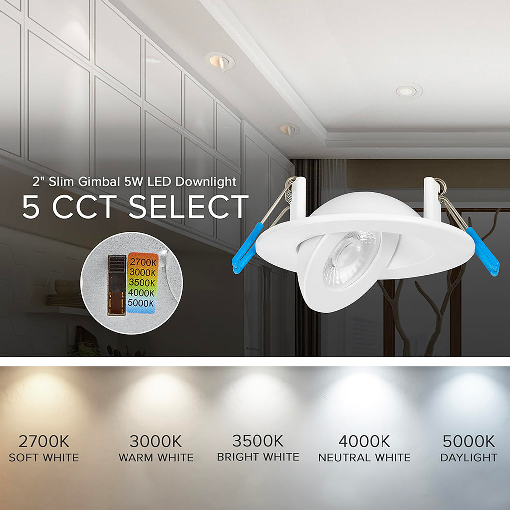 2" White Rotatable LED Floating Gimbal Downlight, 400 Lumens 5 CCT