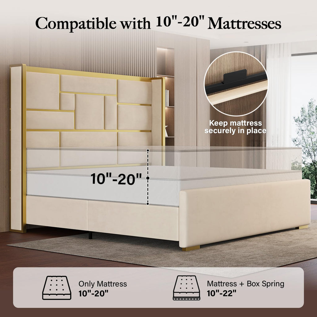 King Bed Frame and Gold Trim Headboard, Upholstered Bed, Beige