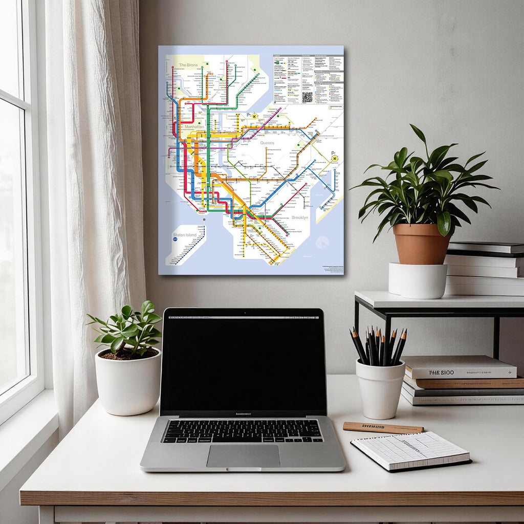 York City Subway Map Canvas Wall, Modern NYC MTA System Transit Map Print, Minimalist Wall Decor, Framed Ready