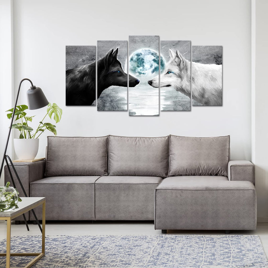 5 Pieces Black and White Wolves Painting Grey Blue Full Moon Seascape Picture Canvas Prints Gallery Wrapped Artwork