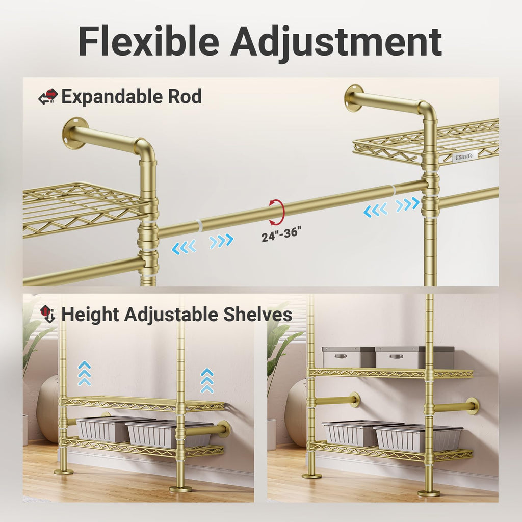 F3 Garment Rack Heavy Duty Clothes Rack for Hanging Clothes, Expandable Industrial Pipe Wall Mounted Clothing Rack