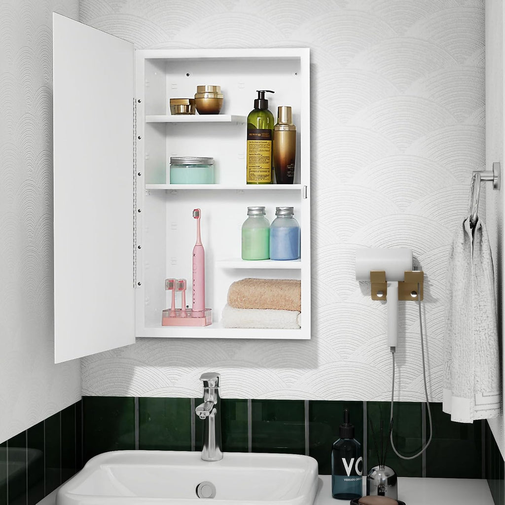 White 16x26 Medicine Cabinet, Beveled Mirror & Adjustable Staggered Shelves | Recessed or Surface Mount Bathroom