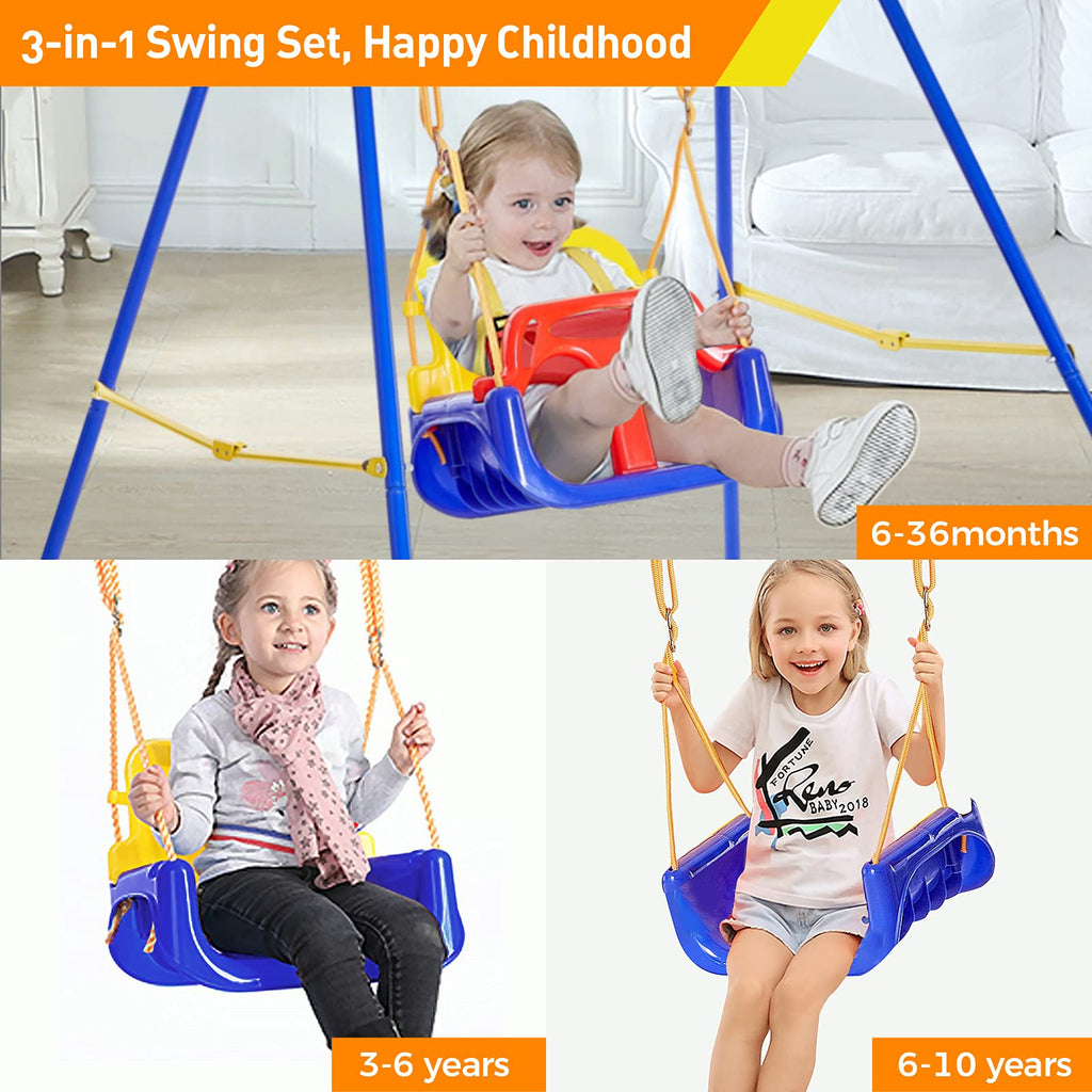 Toddler Swing with Foldable Metal Stand for Toddlers Aged 1~10 Years, 3-in-1 Baby Swing Set with 4 Sandbags for