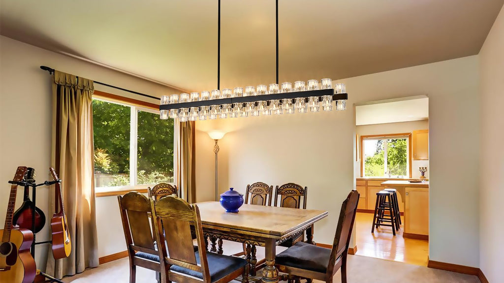 54 Inch Black Crystal Linear Chandelier, Modern Large Rectangle 60-Lights Pendant Lighting Fixture Adjustable Height