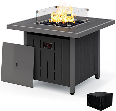33" Outdoor Fire Pit Table, 50,000 BTU Square Propane Fire Pit Table with Lid, Glass Rock & Glass Wind Guard, HDPE Outdoor Furniture for Patio