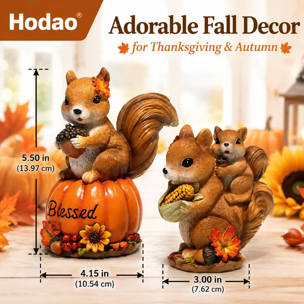 Fall Squirrel Decor, 2-Piece Resin Thanksgiving Figurine Set