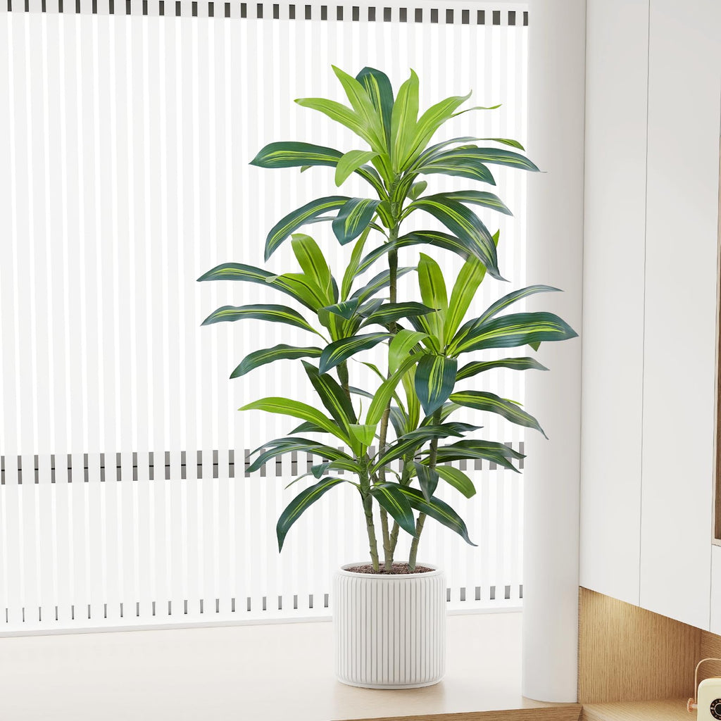 4Ft Dracaena Plant Artificial Tree Fake Tropical Floor Plants Potted (Real Touch) Artificial Silk Tree Faux Trees
