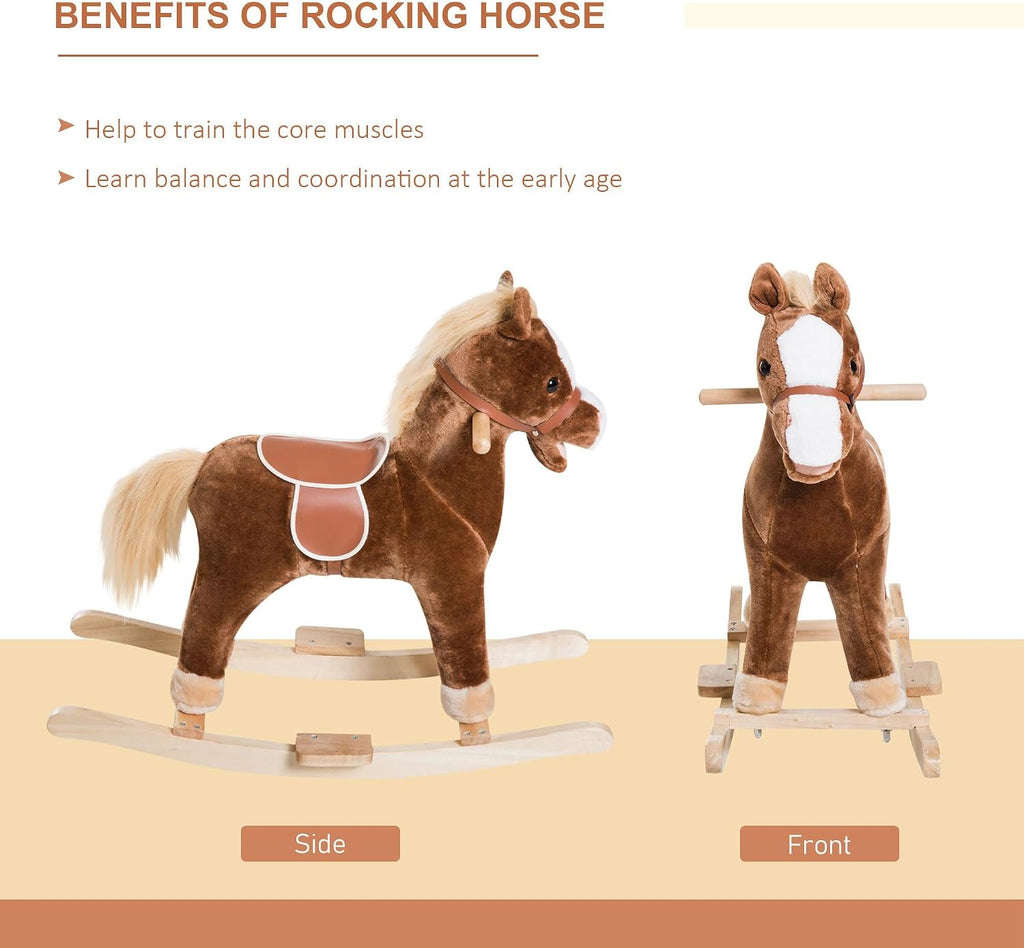 Kids Plush Toy Rocking Horse Ride on with Realistic Sounds - Brown