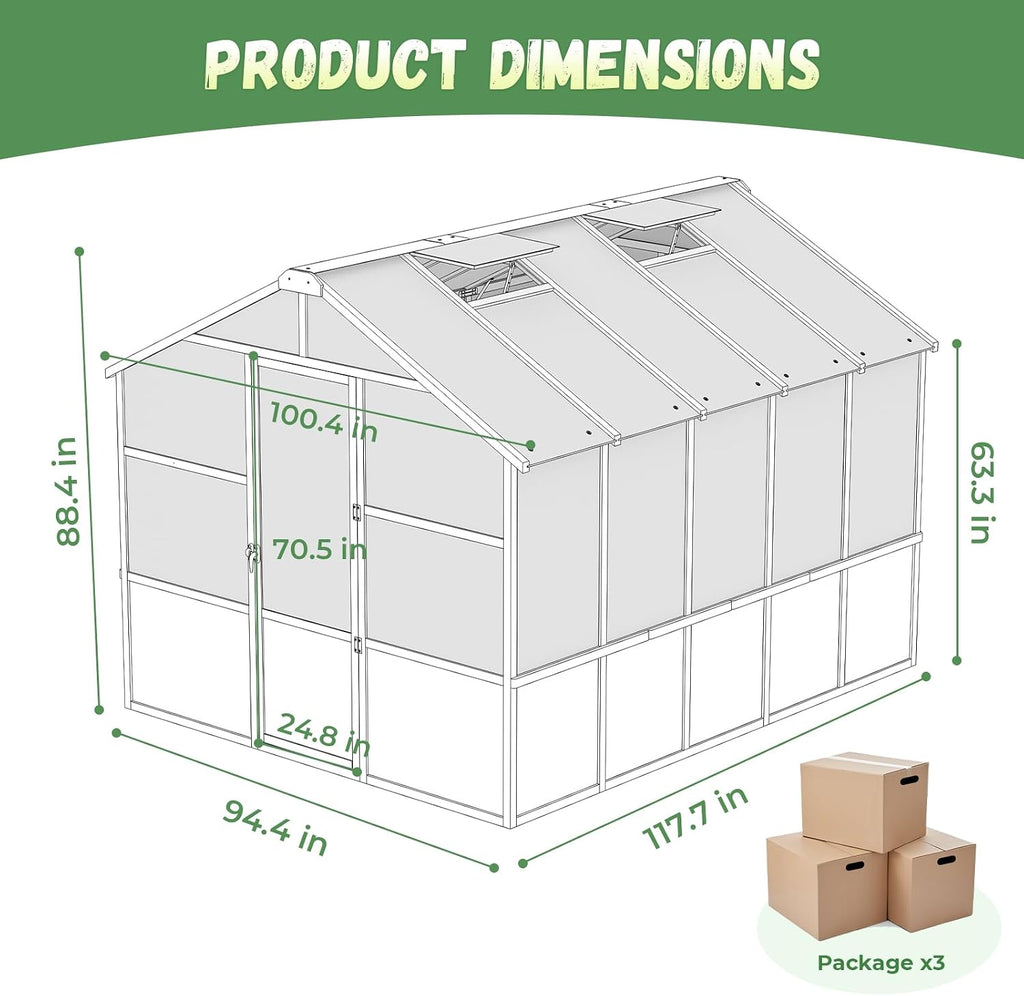 8x10ft Outdoor Greenhouse, Wooden Frame Polycarbonate Greenhouse with Adjustable Roof Vents and Lockable Door Handle