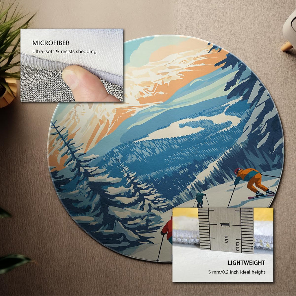 Winter Sports Theme 4ft Area Rug Snowy Mountains Skiing Pattern Circular Rugs Non Slip Washable Carpet Bedside