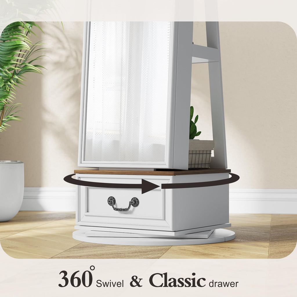 Jewelry Cabinet with Full Length Mirror, Lockable, Swivel, White