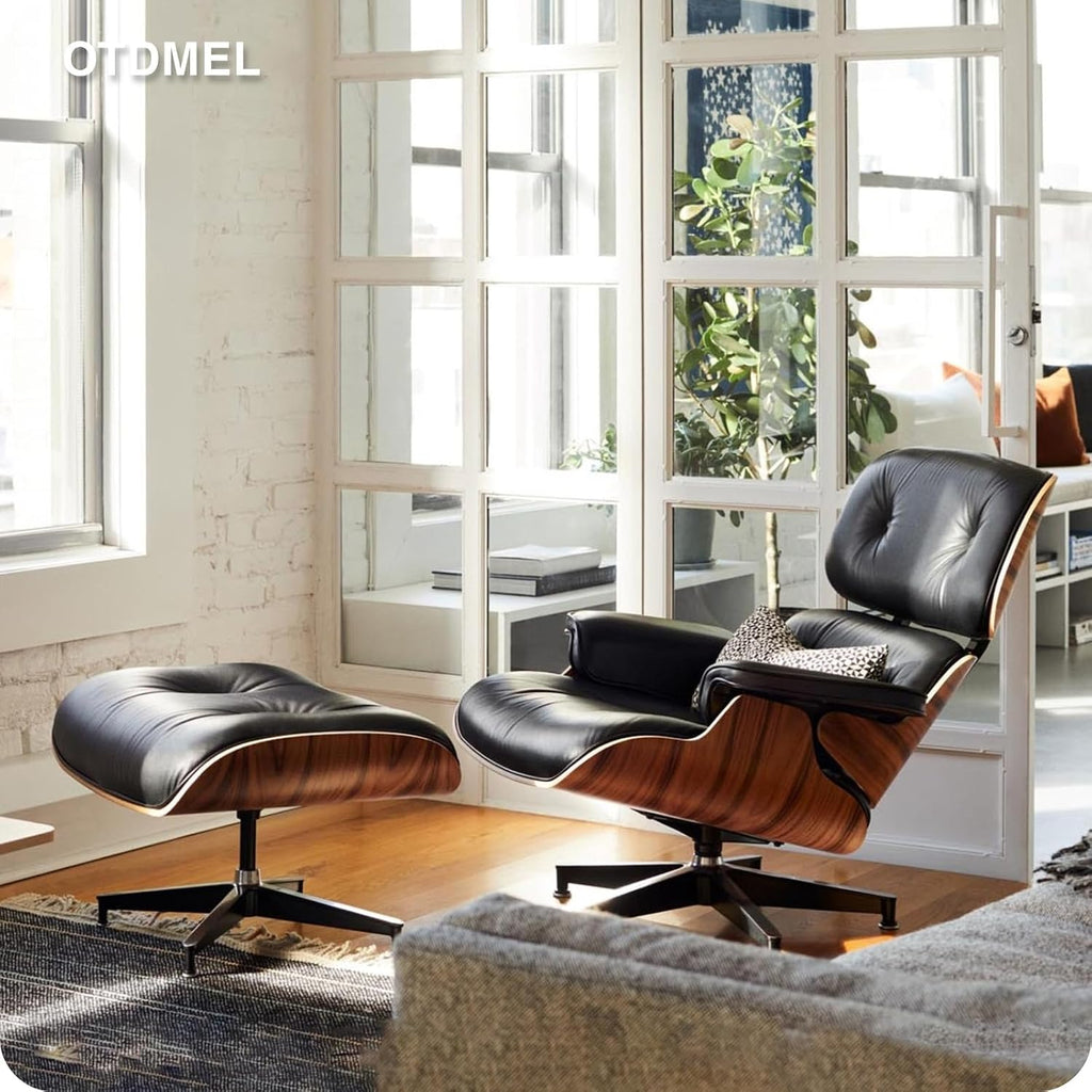 Mid Century Modern Top Grain Leather Chaise Lounge Chair & Ottoman