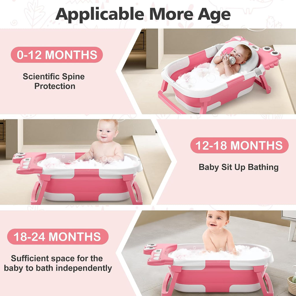 Collapsible Baby Bathtub for Newborn, Foldable Baby Bath Tub with Thermometer & Soft Floating Cushion & Drain Hole