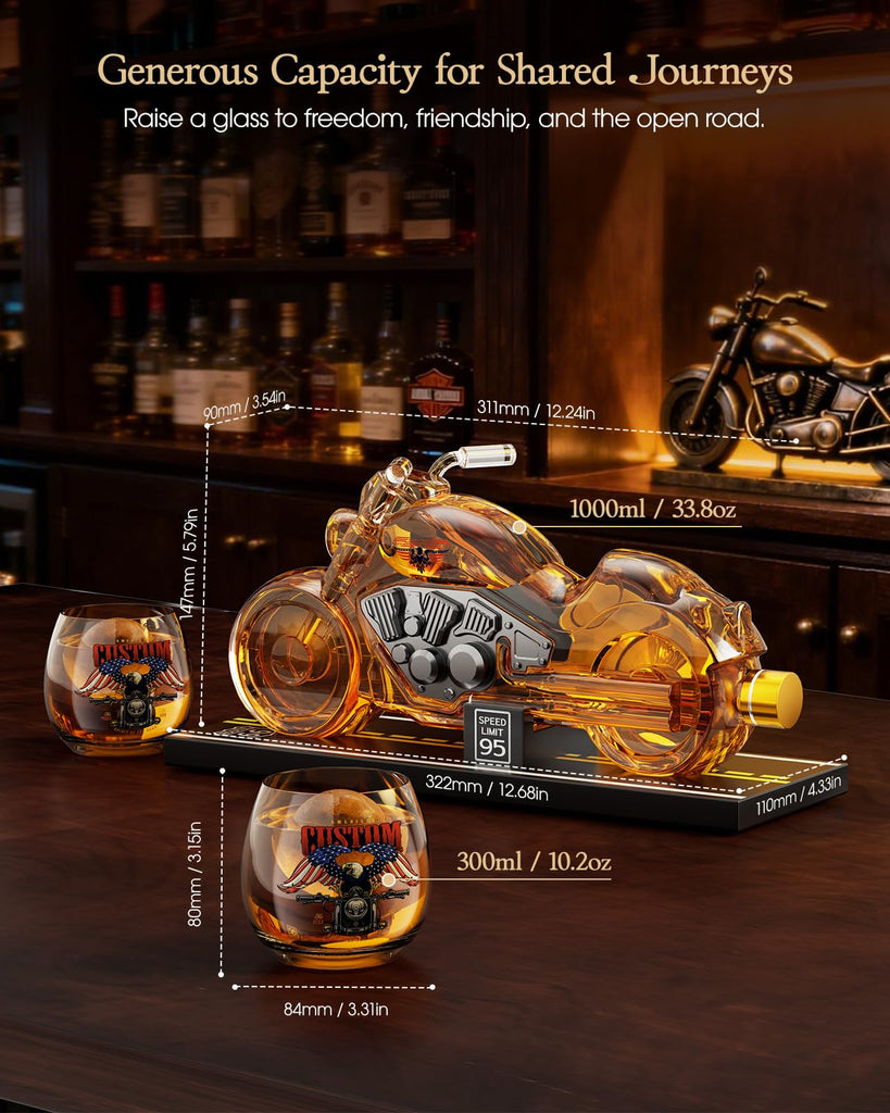 Motorcycle Whiskey Decanter Gift Set with 2 Glasses, Flag