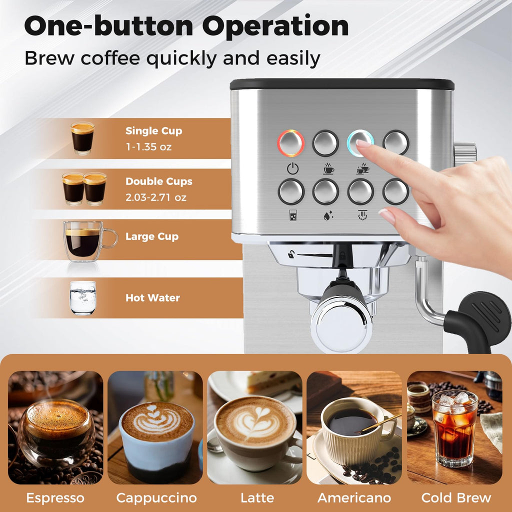 Espresso Machine 20 Bar, Compact Stainless Steel Coffee Maker