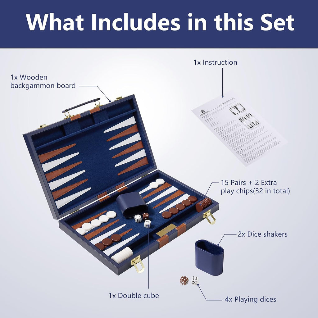 15 inch Backgammon Sets for Adults - Classic Board Game with Premium Sea Blue Leather Case - Travel Backgammon Set - Set of 32
