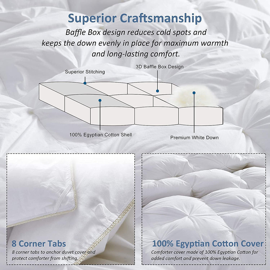 Luxurious Full/Queen Goose Down Comforter, Unique White Pinch Pleat, 600 Thread Count, 100% Egyptian Cotton Cover, 70
