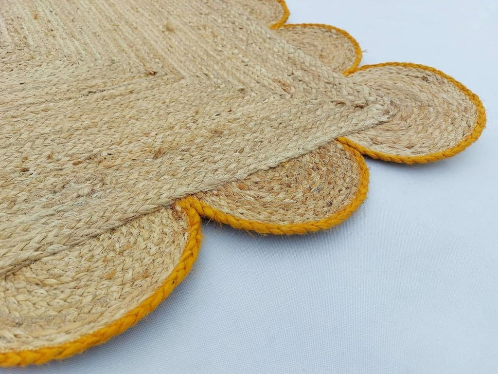 10x14 Feet Yellow Border Premium Scalloped Jute Rug Boho Scalloped Rug HandcraFeeted Natural Braided