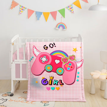 Crib Bedding Set,3pcs Nursery Crib Bedding with Comforter Crib Sheet & Crib Skirt,Pink Gamepad Printed Nursery