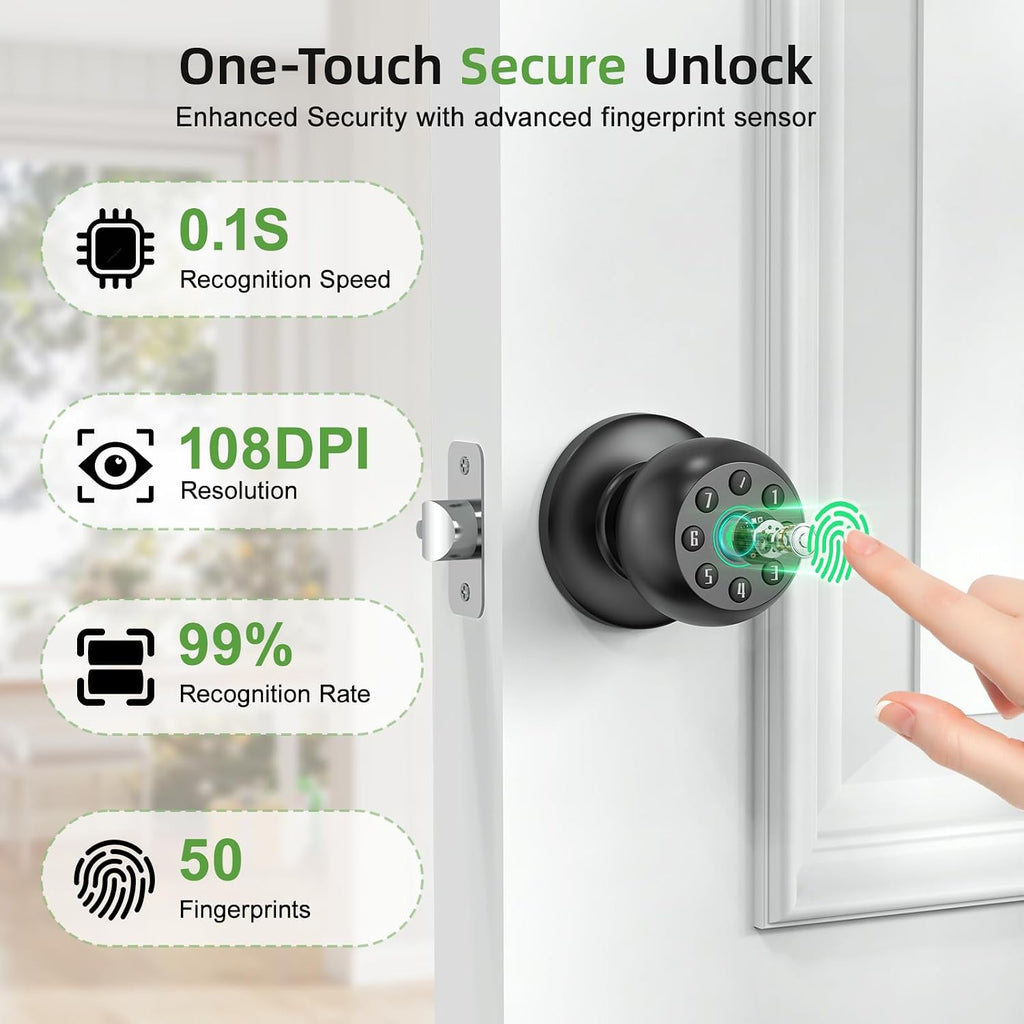 Fingerprint Door Knob, Smart Door Knob, Biometric Door Knob with Code, App Control, Auto Lock, Fingerprint Door