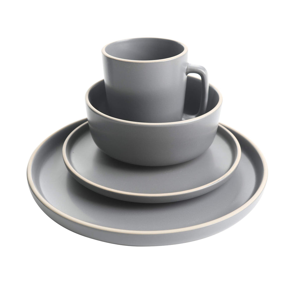 Zuma 16 Piece Round Kitchen Dinnerware Set, Dishes, Plates, Bowls, Mugs, Service for 4, Matte Stoneware, Grey