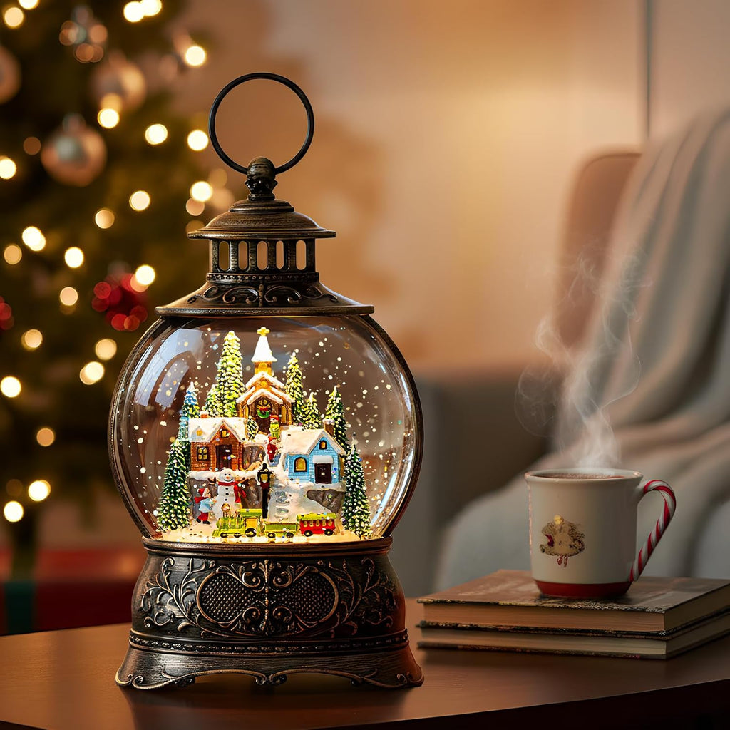 Christmas Snow Globes Christmas Water Lantern with Snowy Train Snowman, Music & 6H Timer, USB Lined/Battery Operated